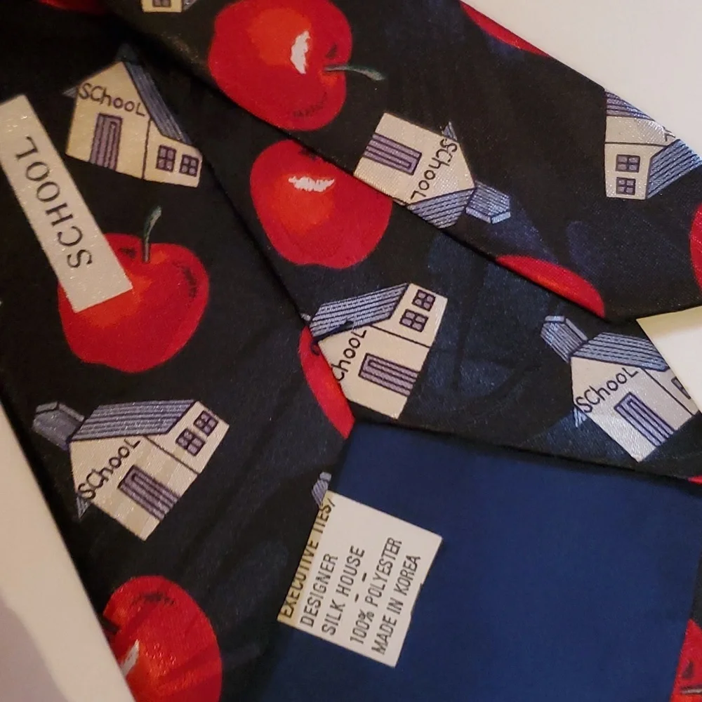 SCHOOL NECKTIE Black Tie White Schoolhouses & Bright Red Delicious Apples